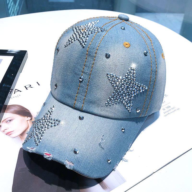 Women Punk Shiny Rhinestone Denim Baseball Cap Hip Hop Star Snapback Peaked Hat Adjustable Unisex  Korean Girl Dad Trucker