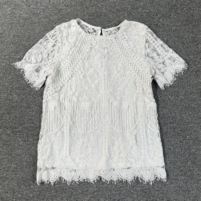 

Fashion Export Pure Yuan Single Exquisite Water Soluble Lace Women s Top T-shirt Keyhole Lining Pure Color round Neck Summer White 2XL