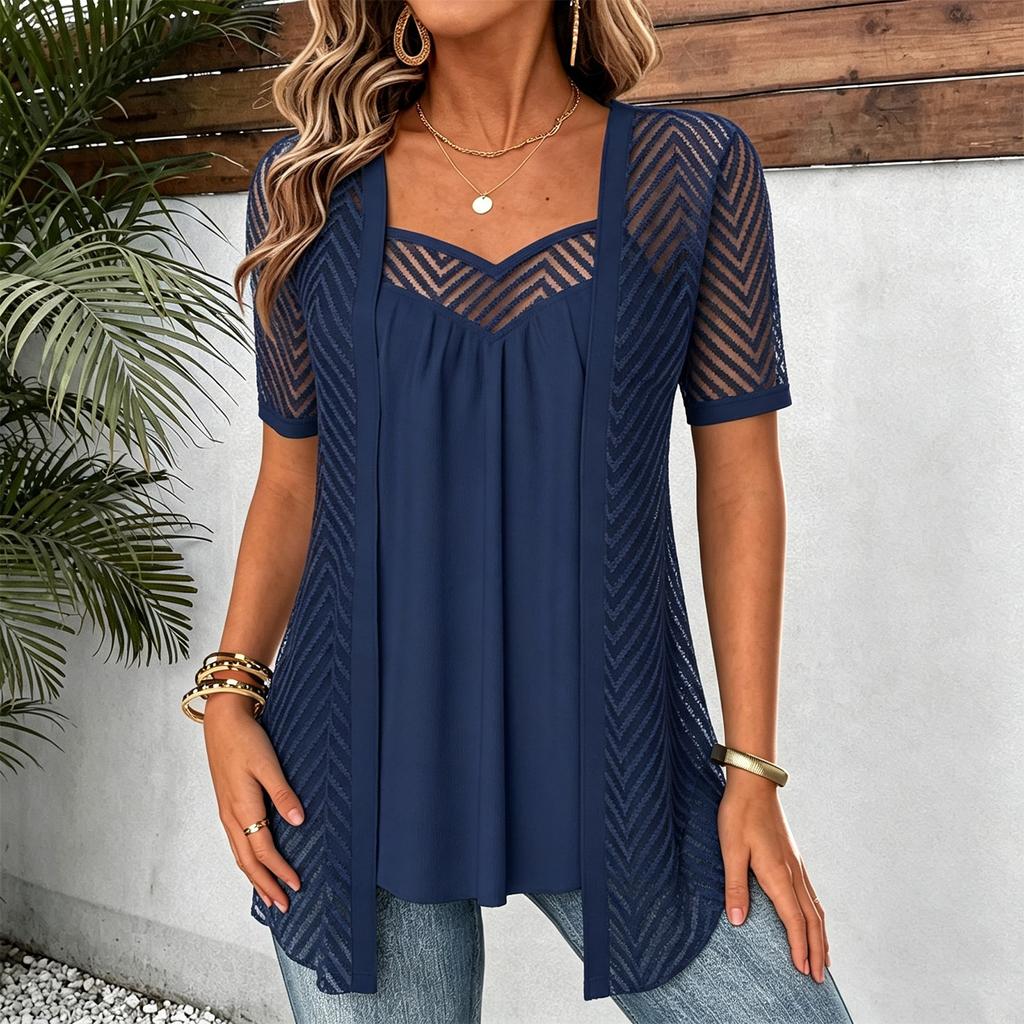 Women's Cutout Loose Fit Short Sleeve Two-Piece Blouse