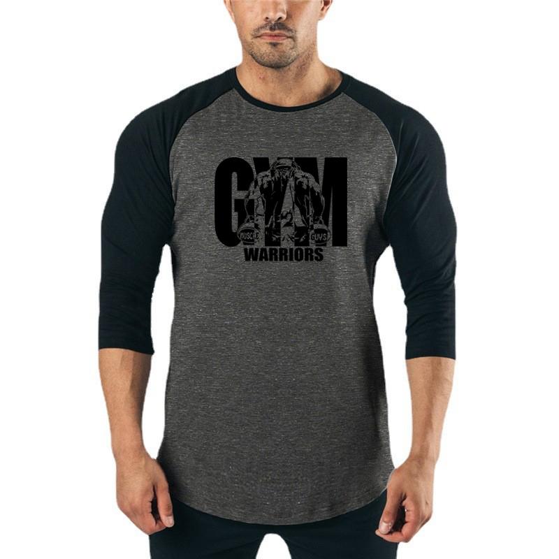 Muscleguys Gym Warriors Clothing Mens Running T-shirt Spring Autumn Three Quarter Sleeve T Shirt Patchwork Fitness Tee Shirts Sports Tshirt