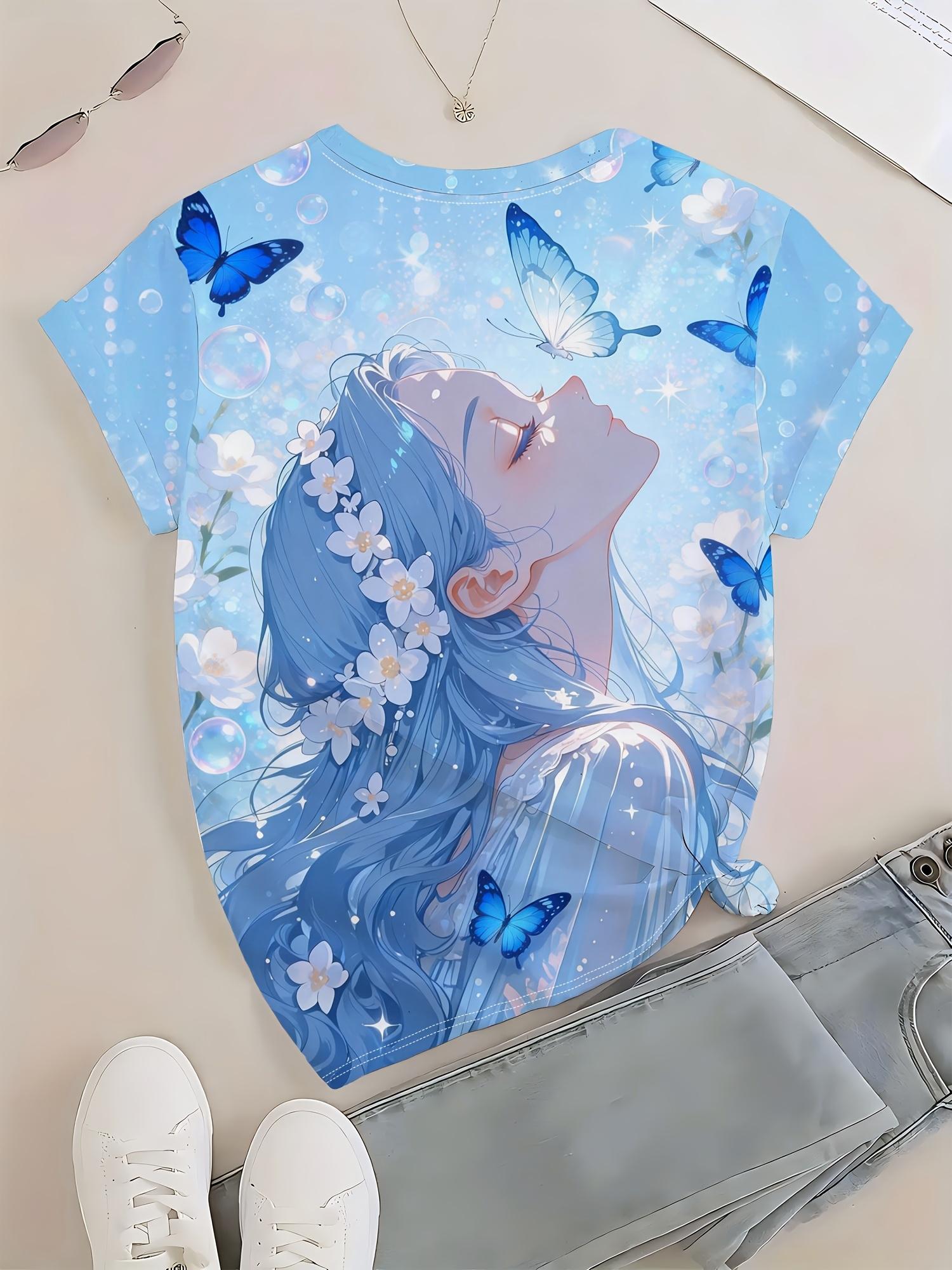 

A Whimsical with Blue Hair And a Butterfly Theme. Perfect for Everyday Comfort. Featuring Casual Short Sleeves. Part of a Special Women S Clothing. Av 3XL дубильна кора