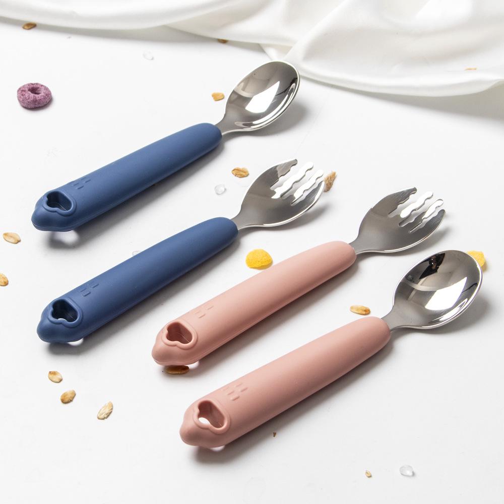 Adorable Self-Feeding Fork & Spoon Set for Toddlers - 316 Stainless Steel with Silicone Handle