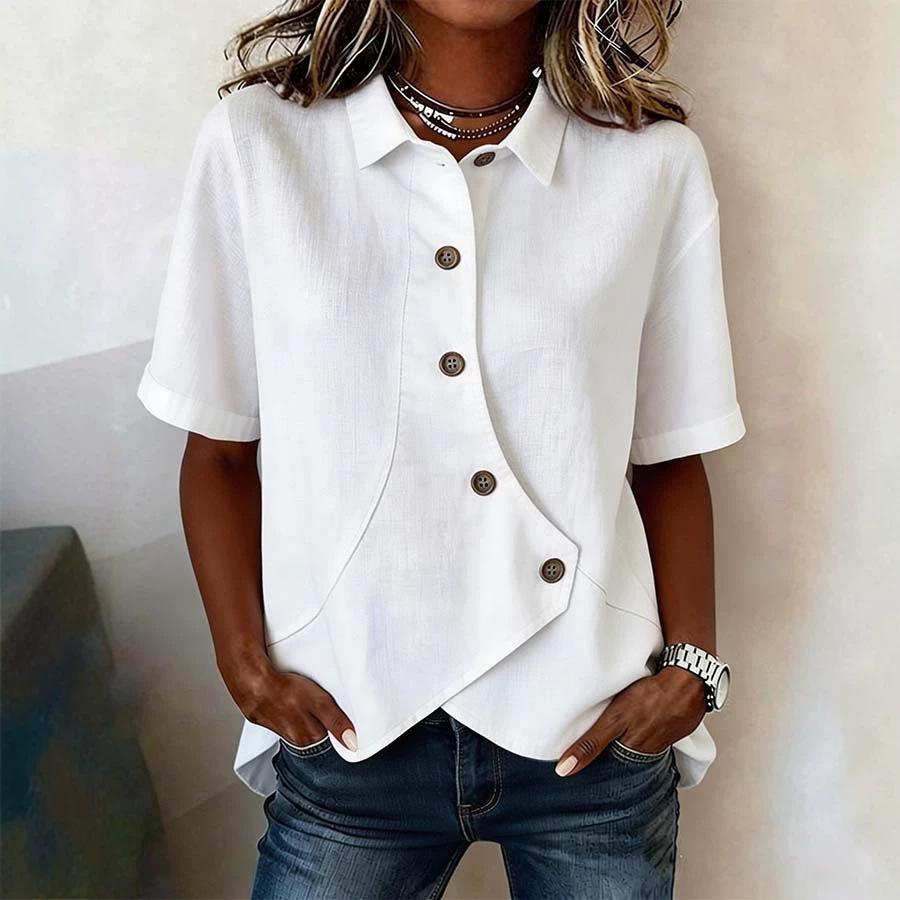 Women s Short Sleeve Asymmetrical Lapel Collar Button Front Polo Shirt S белый
