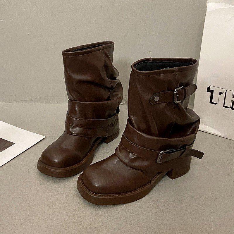 Folded thick heel belt buckle cowboy boots niche knight boots women's short boots retro boots round head trousers western pile
