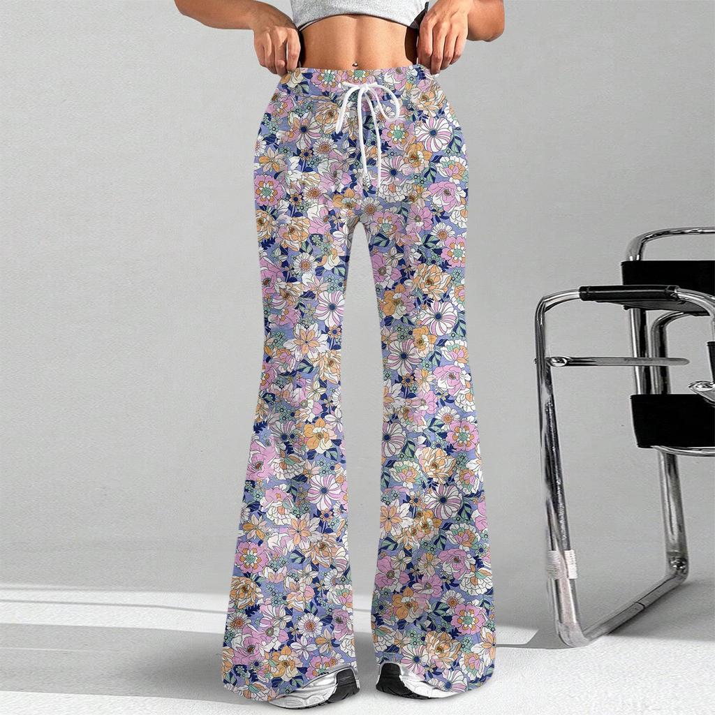 Damenmode Lockerer Kordelzug in der Taille Geblümter Druck Lässige Sporthose Lässige Schlaghose