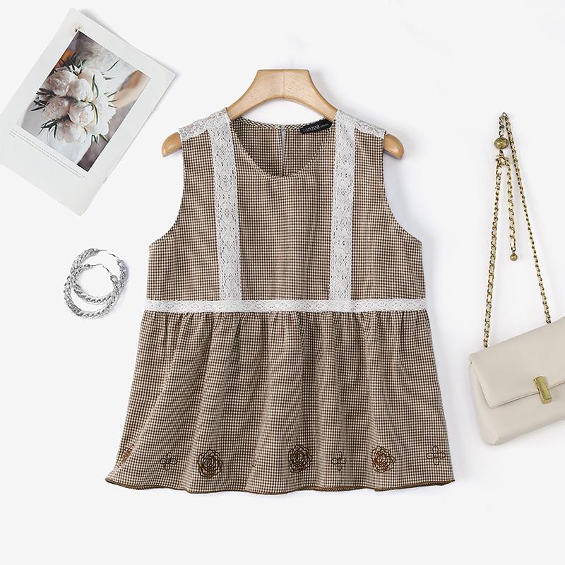 

ZANZEA Women Plaid Print Casual Round Neck Sleeveless Tank Tops 5XL коричневий