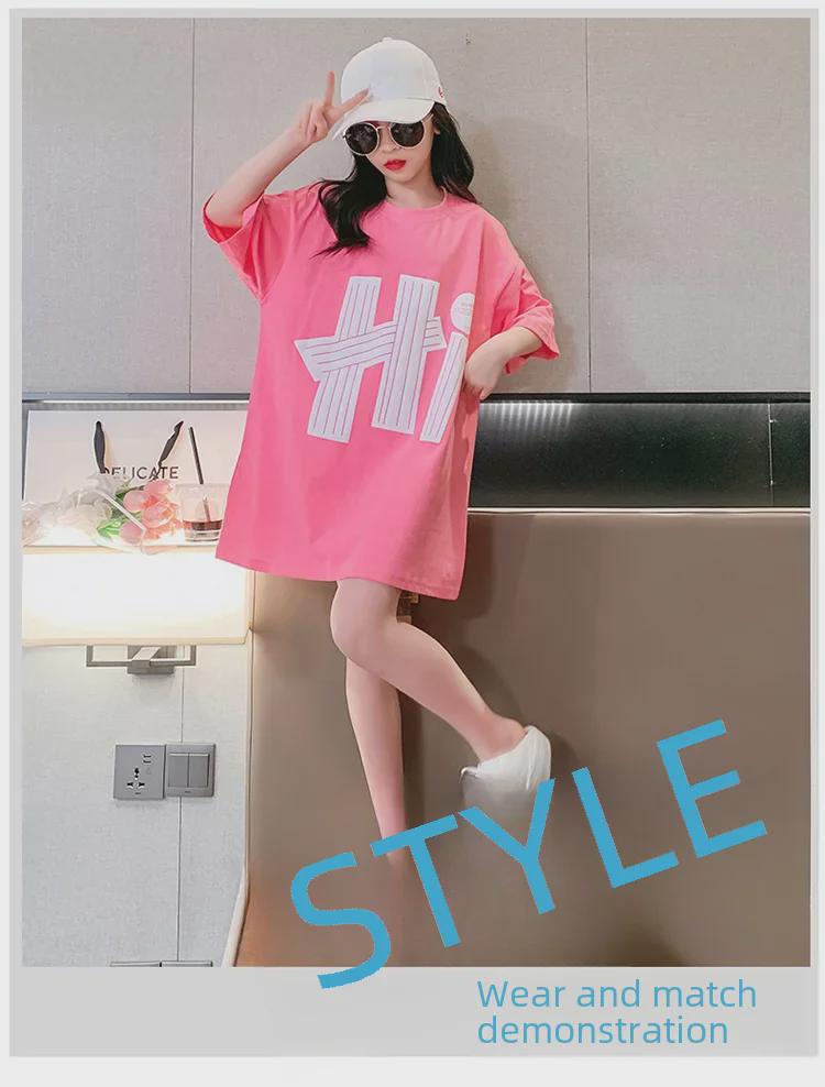 2023 Summer Girls' Short-Sleeve Stylish Medium-Length Loose T-Shirt Dress for Older Kids