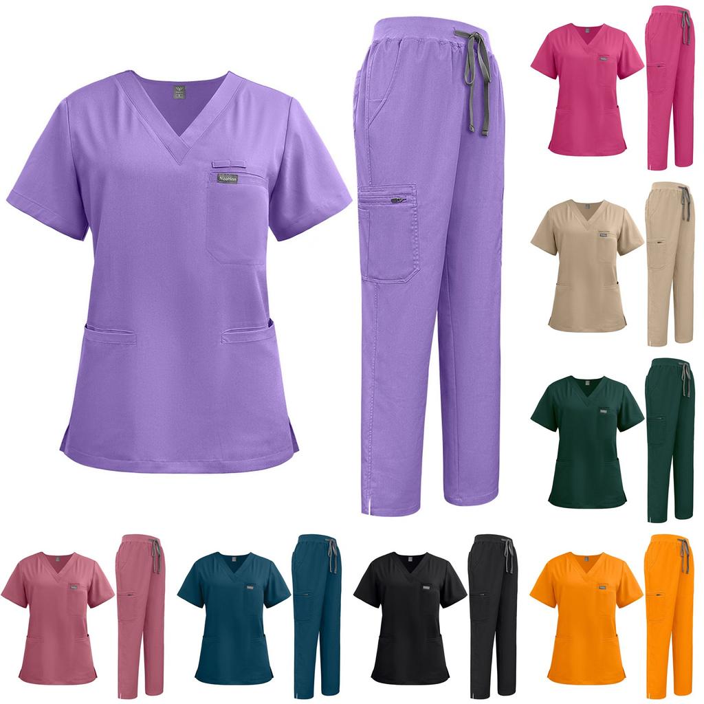 Women's Short Sleeved Solid Color V Neck Pocket Top Pants Work Clothes Two Piece Set