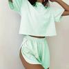 Women Striped Short Sleeve Crop Top Elastic Waist Shorts Two Piece Casual Loungewear