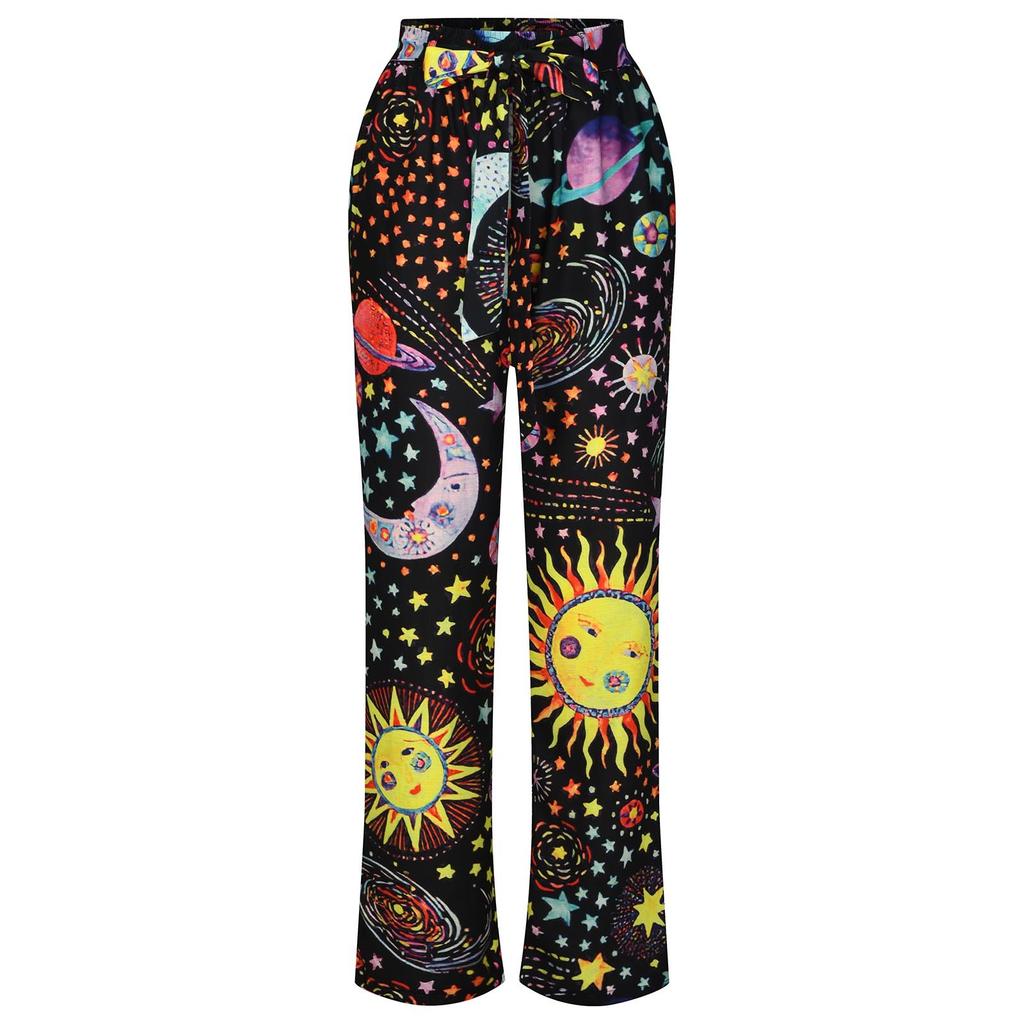 Women's Printing Wide Leg Pants Straight Type Casual Long Waistband Hugh High Waist Pants