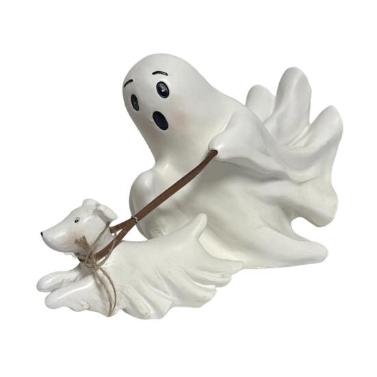 Halloween Ghost Walking Dog Statue Cute Ghost Dog Figurine Resin Ghost Sculpture Tabletop Ornament for Indoor Outdoor Decor