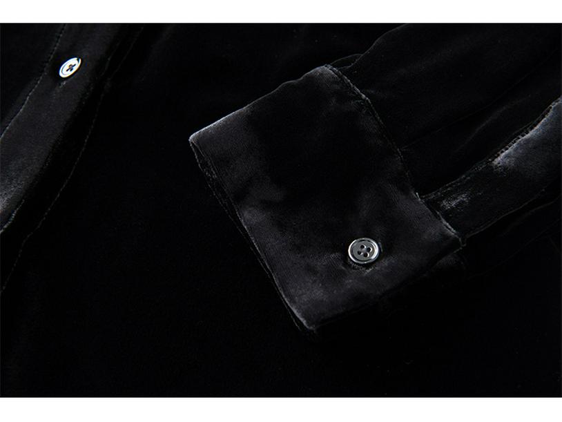 Women's Retro Black Silk Velvet Shirt - Mid-length, Loose-Fit, Perfect for Spring Commutes.