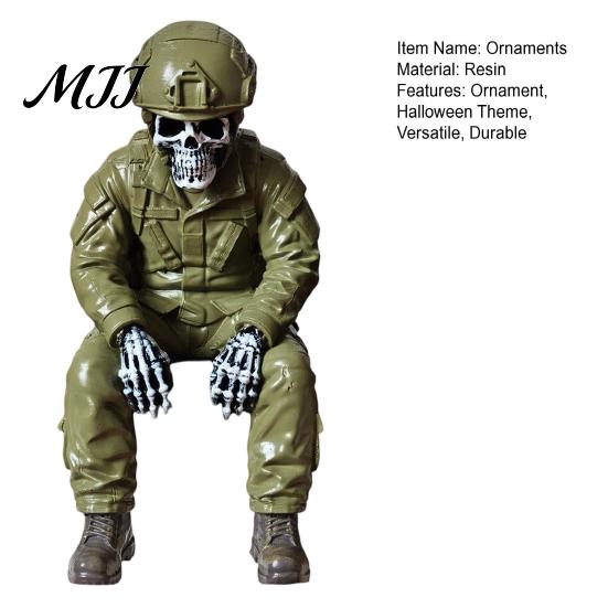 Creative Resin Crafts Halloween Skeleton Ornament, Policeman/Military Gothic Skull Figurine, Creepy Sculptures Dark Style Sitting Pose Sculpture