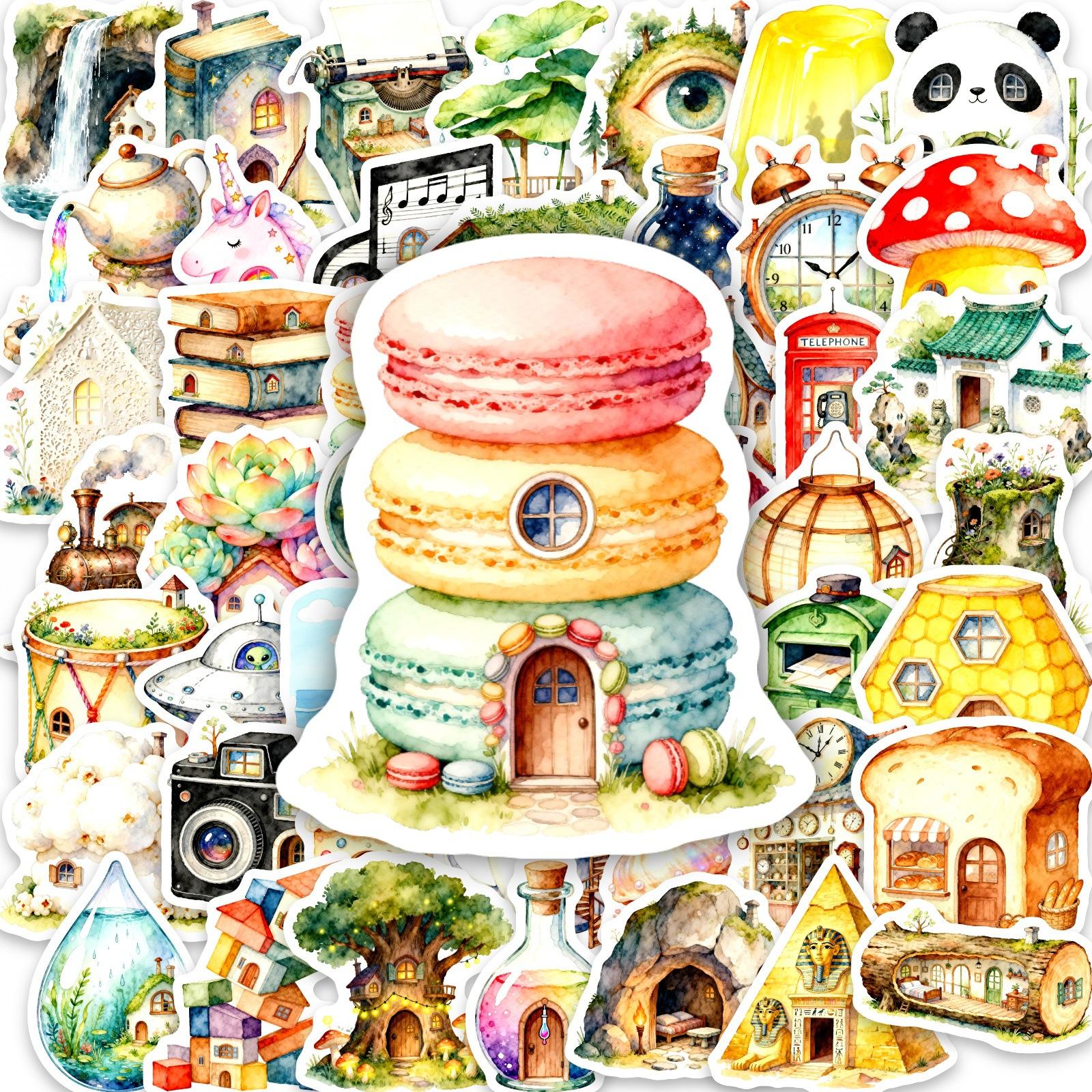 

50 Fantasy Fairy Tale House Stickers Watercolor Healing Castle Luggage Skateboard Hand Account Diy Decorative Waterproof Stickers