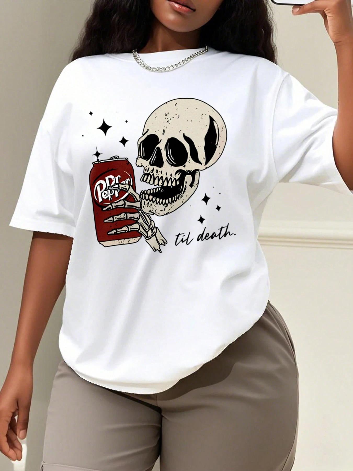 

Womens Plus Size Skull Print Tshirt Cotton Breathable Fashionable and Versatile Unisex Streetwear Oversized 3XL
