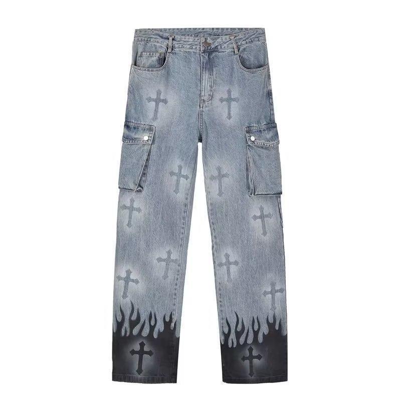 

Мужские модные джинсы Flame Cross Splashes Wash, прямые джинсы High Street со средней талией, мужские свободные джинсы в стиле хип-хоп S синий