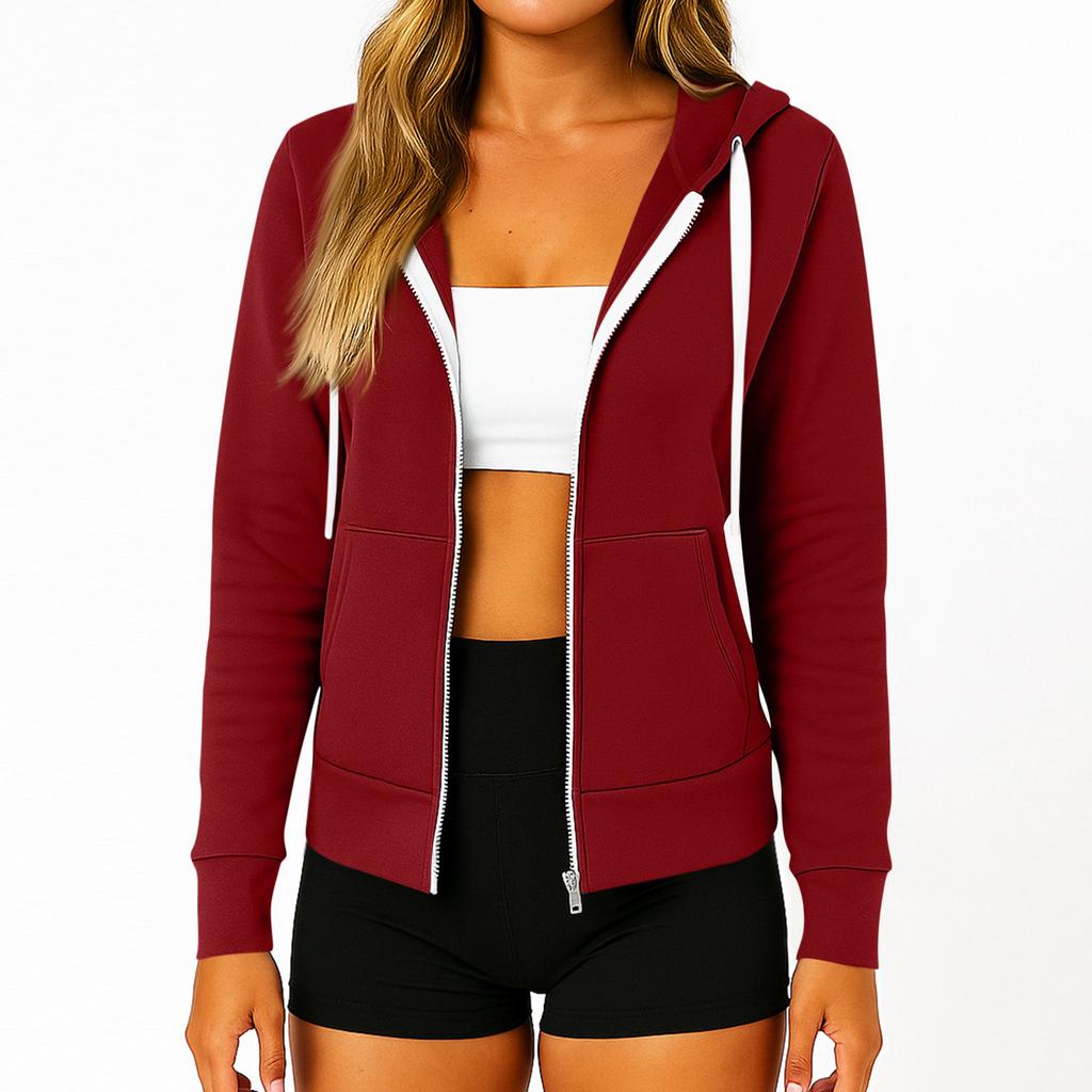 Women's Fashionable Solid Color Long Sleeved Hooded Pocket Zipper Casual Sweatshirt Jacket