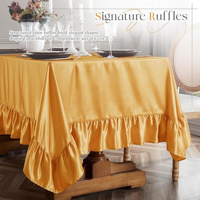 Gold Satin Tablecloth Rectangle Ruffled Table Cover,Ruffle Table Skirt for Kitchen Dining Weddings Dining Table Home Decoration