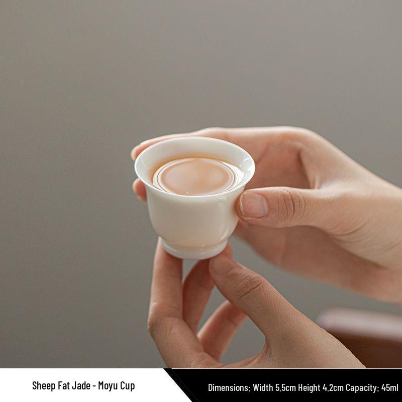 Premium Mutton Fat Jade Ceramic Gongfu Tea Set - Aroma Tasting Cup with Coaster, Customizable for Guests