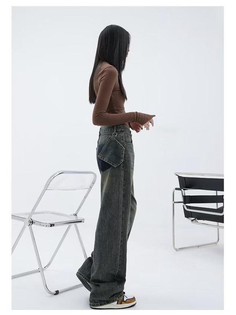 2025 Autumn/Winter Distressed High-Waisted Straight-Leg Women's Wide-Leg Jeans