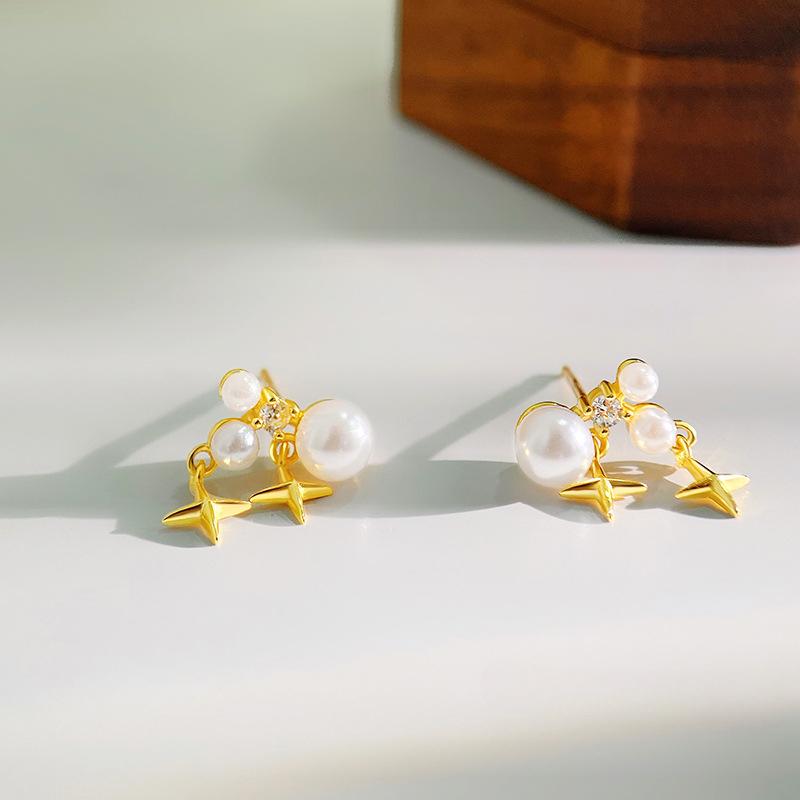 

Модные четырехконечные жемчужные серьги для женщин с нишевым дизайном, высококачественные серьги