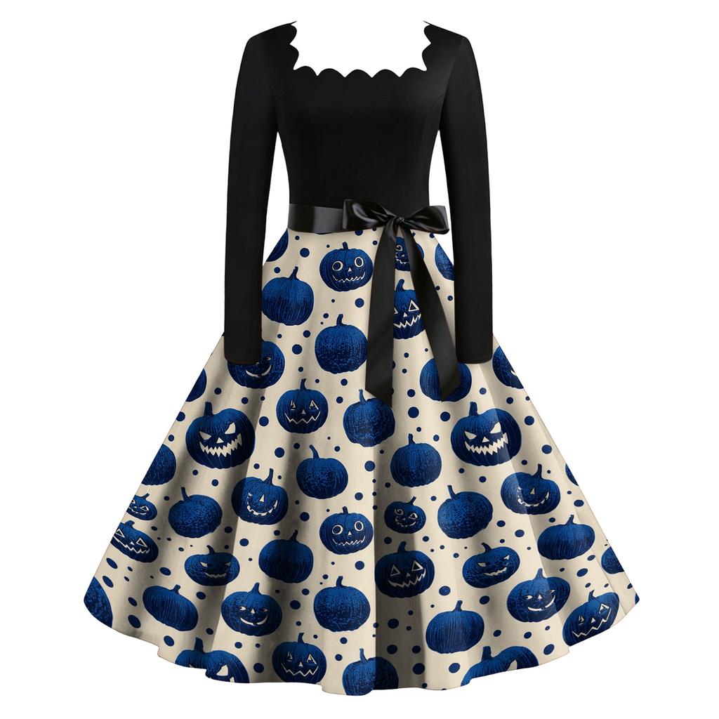 Women's Vintage Long Sleeve Square Neck Halloween Print Party Dress with Flared Skirt and Waist Tie for Evening Events
