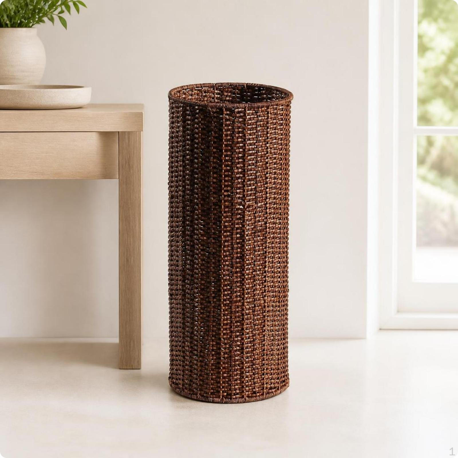 Coș de umbrele din ratan de sine stătător | Design vertical economisitor de spațiu, Textură țesută strâns, Large Tall_Walnut