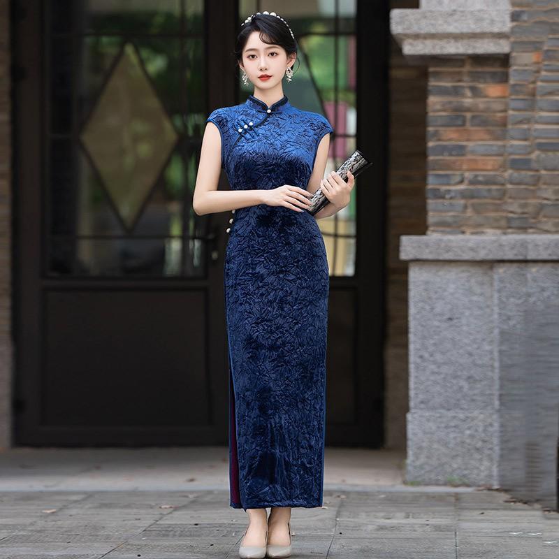 Elegant Velvet Long Cheongsam Dress Women Sleeveless Modern Chinese Style Vintage Retro Wear Small