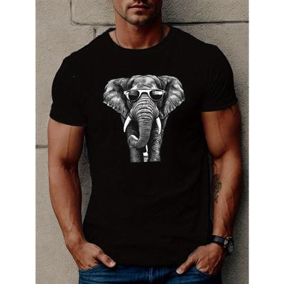 European Sizes Elephant With Glasses Print T Shirt, Tees For Men, Casual Short Sleeve T-shirt For Summer