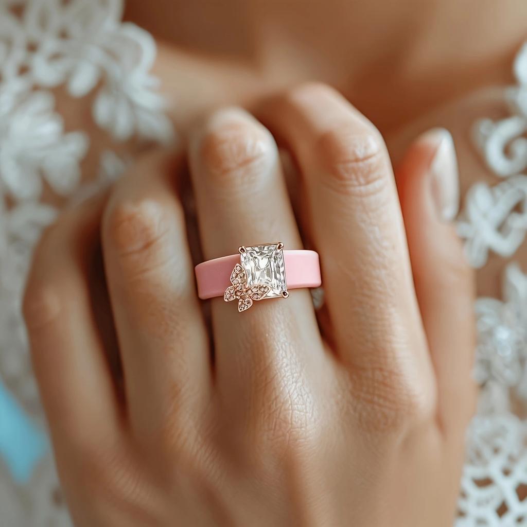 Women Pink Silicone Ring Butterfly With Radiant CZ, Hypoallergenic Daily Sport Wedding Band