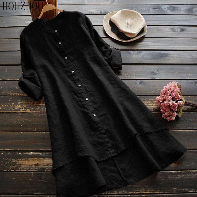 HOUZHOU Solid Cotton Linen Shirt Women Button Round Neck Long Sleeve Shirt Elegant Basic Office Ladies