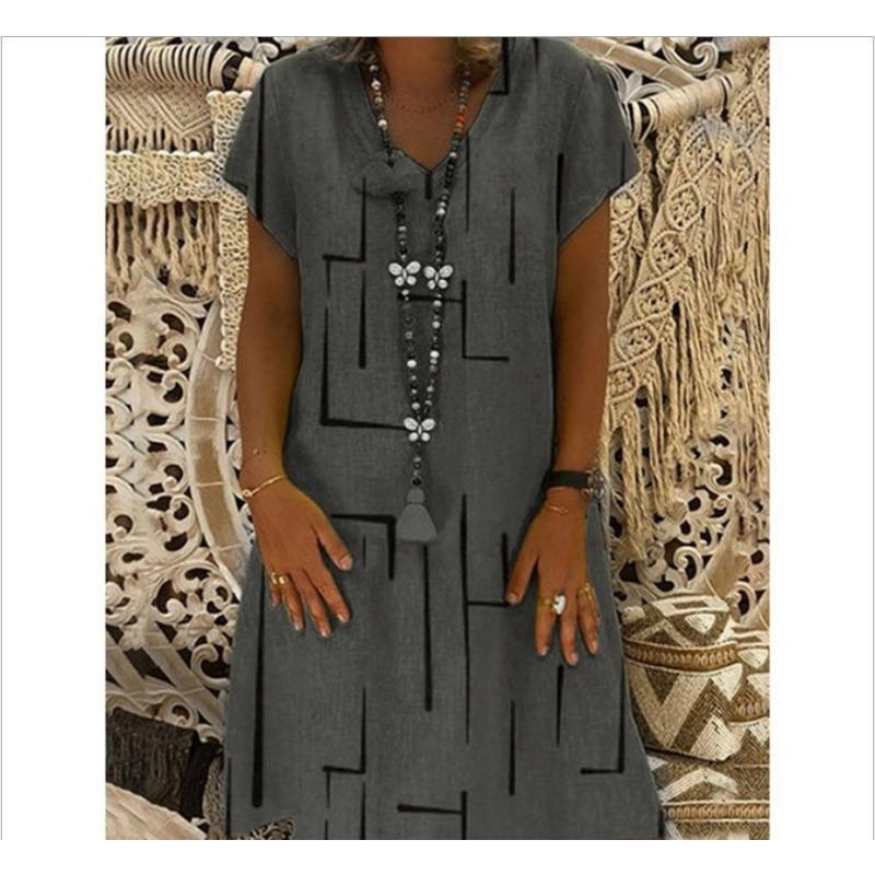 Spring Oversize  Print V-neck Short Sleeve Loose  Dresses Summer Elegant Casual Trendy Lady Clothes