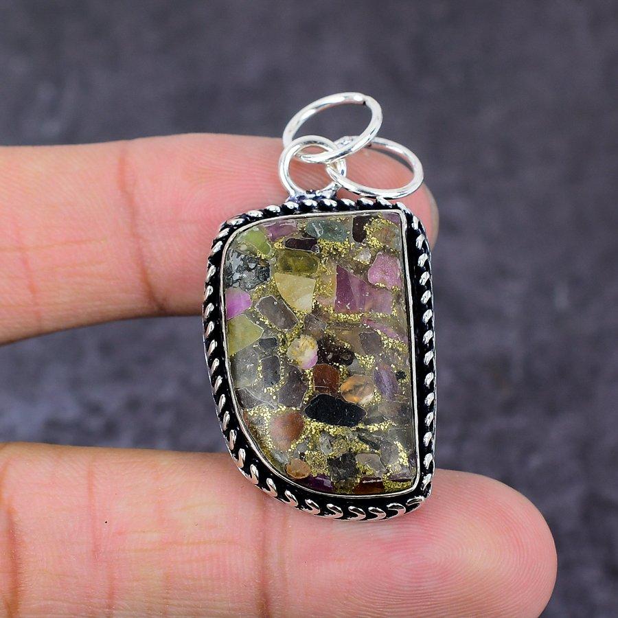 Natural Watermelon Tourmaline Gemstone 925 Sterling Silver Pendant 1.97" h2S69