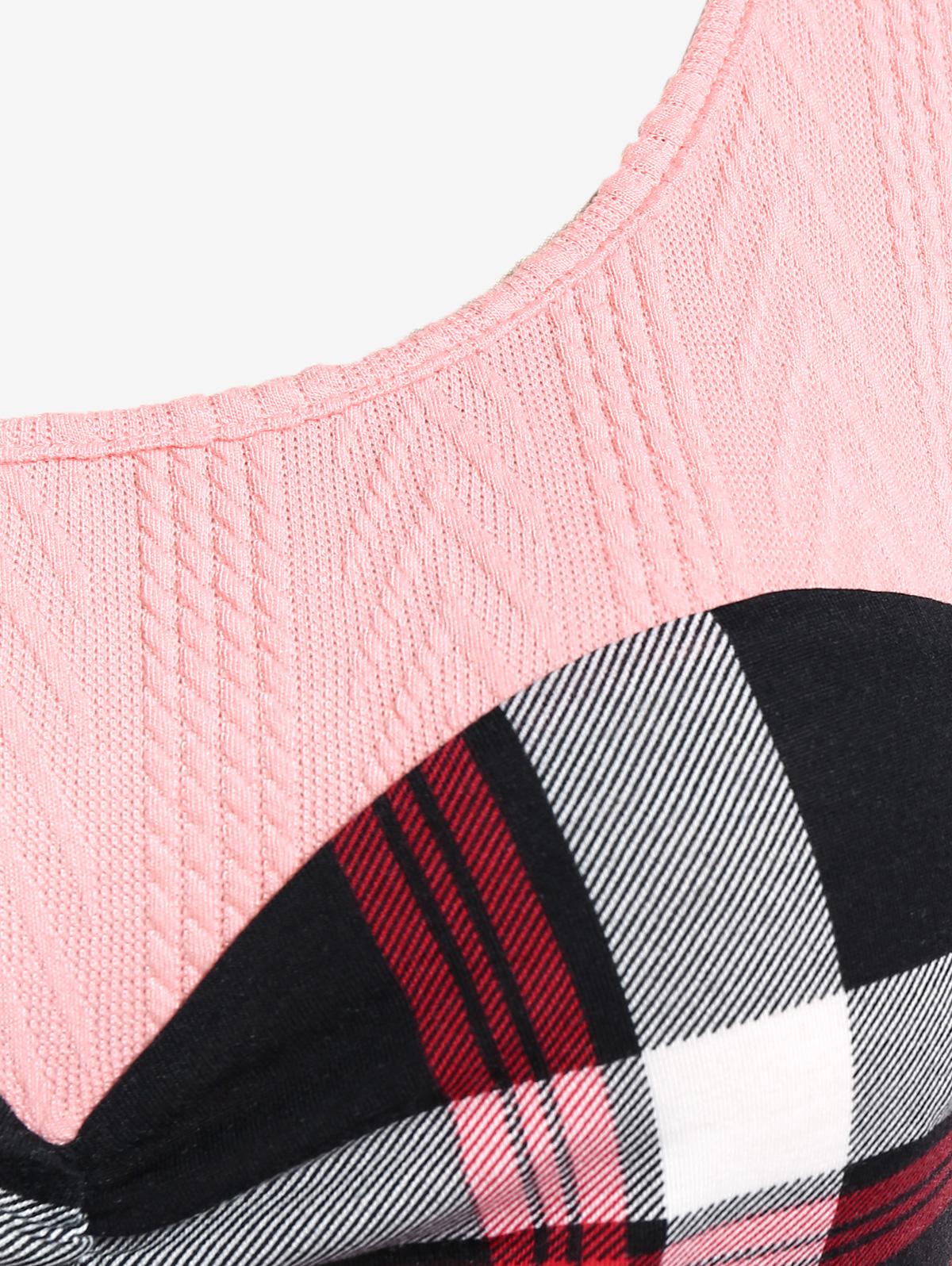 Rosegal Plus Size Клетчатая трикотажная футболка с длинными рукавами и цветными блоками — фото 2