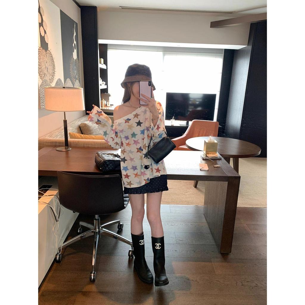 Chic Women's One-Shoulder Star Print Long Sleeve Tee for Fall 2025 - Lightweight Sun Protection Cover-Up