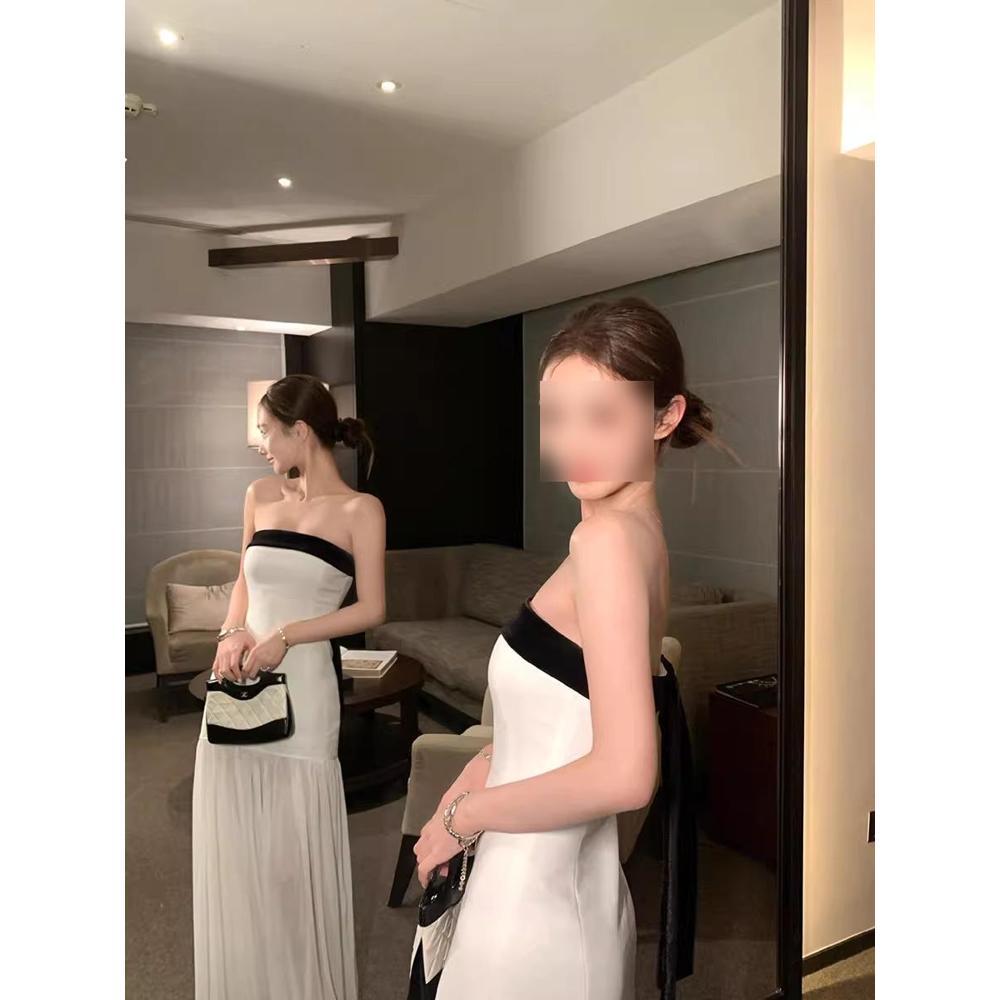 Bow beauty back sleeveless tube top dress women's summer splicing waist birthday skirt a word long dress