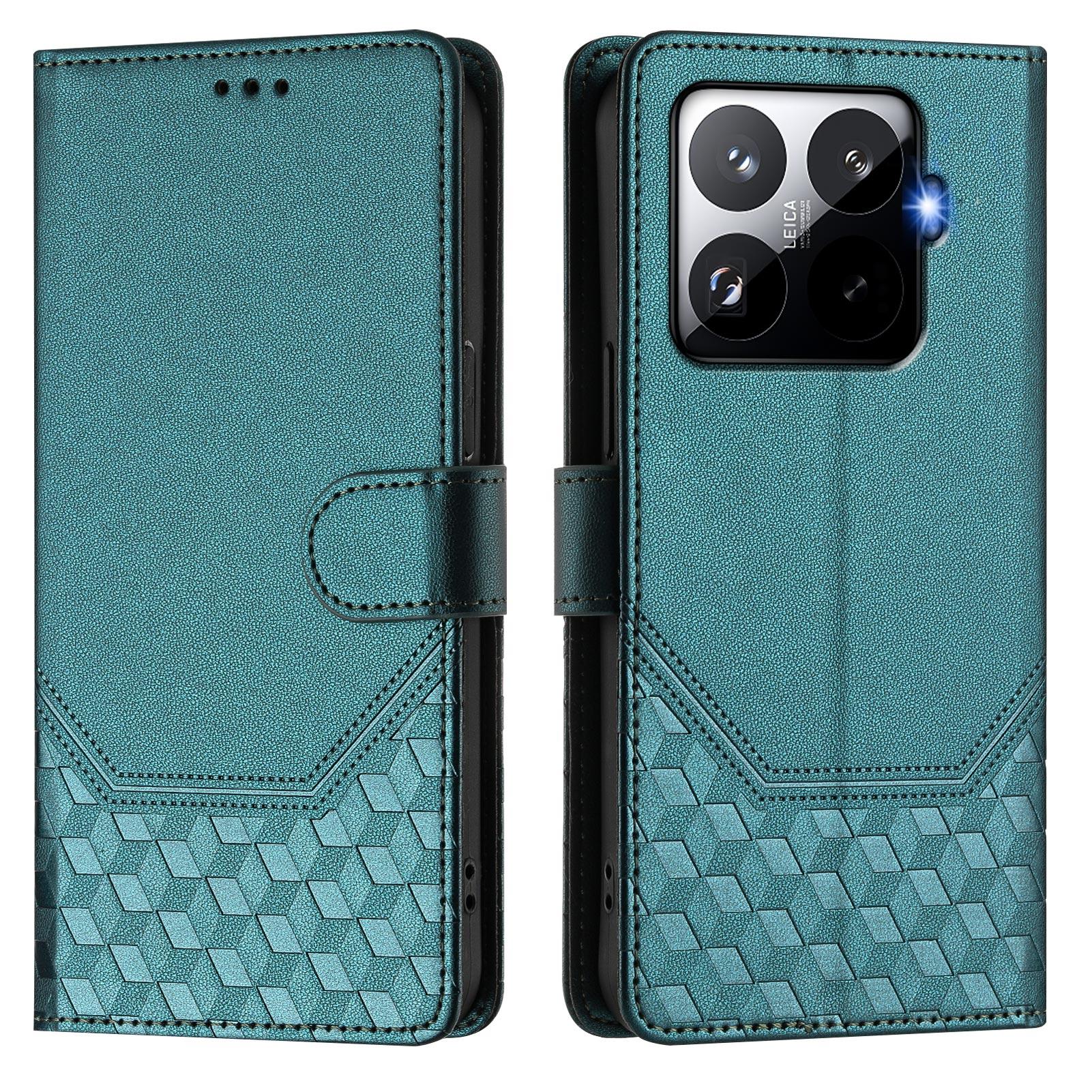 

For Xiaomi 15T Pro Case Imprinted Honeycomb RFID Blocking Leather Phone Cover with Strap Green