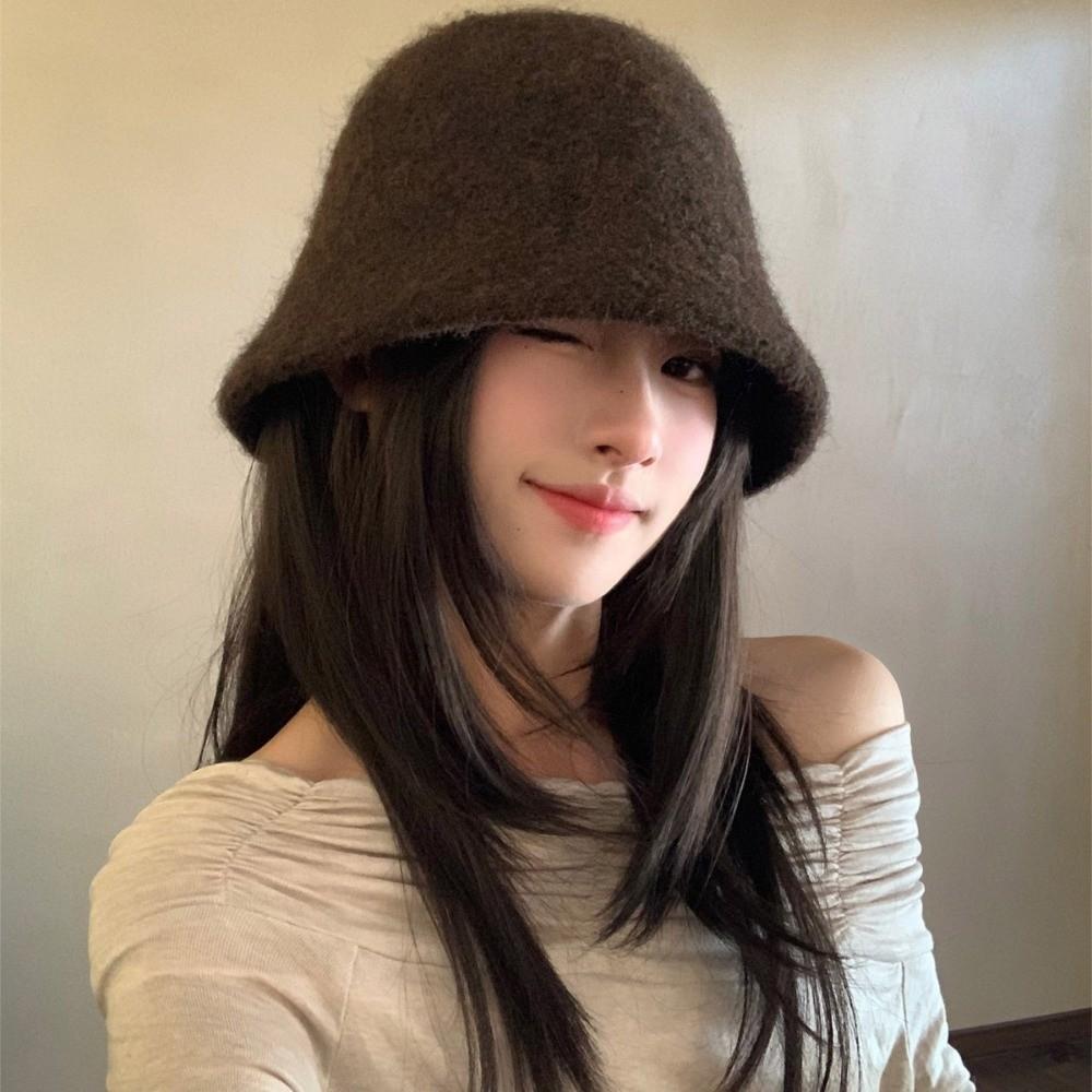 Solid Color Knitted Beanie Windproof Winter Warm Bucket Hat Vintage Wool Fisherman Hat Girl