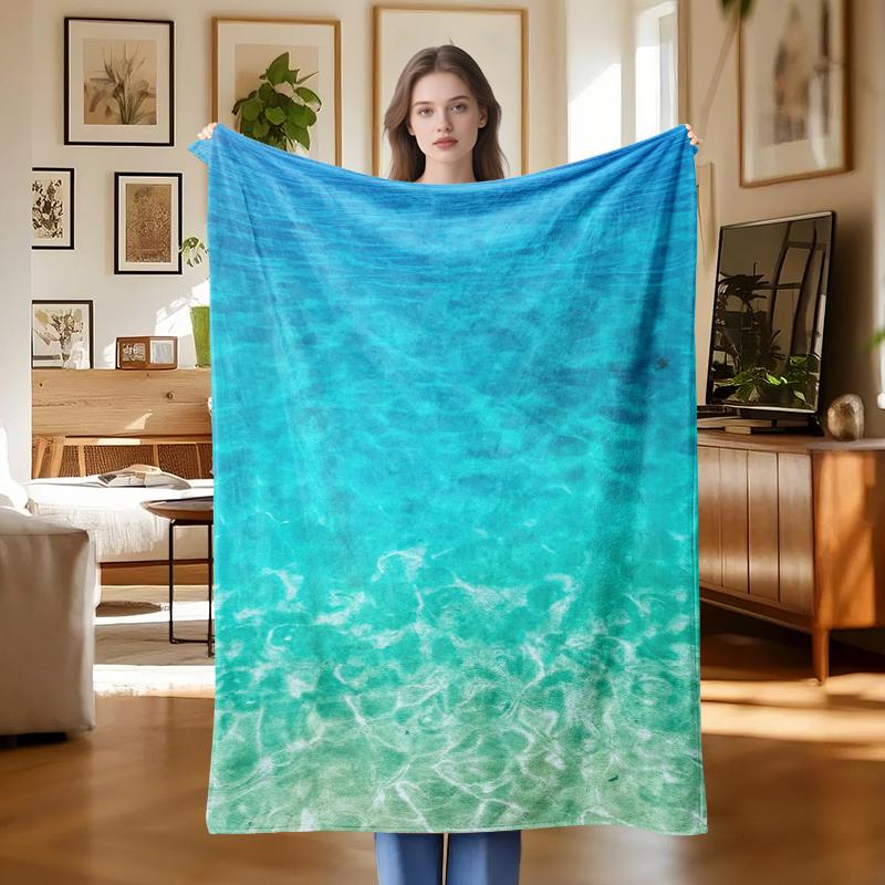 1 piece turquoise ocean wave print flannel throw blanket, suitable for sofa, bed, travel, Halloween, Christmas, camping 130x150cm