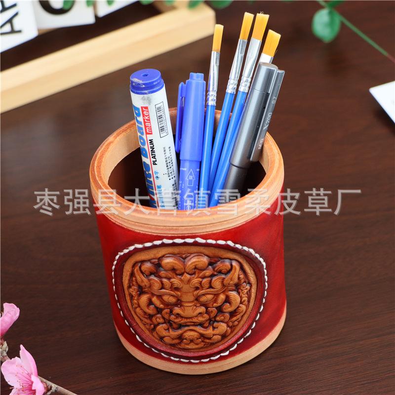 First Layer Cowhide Lion Head Pen Holder Storage Box Office Desktop Retro Pen Holder Ornament Creative Birthday Gift
