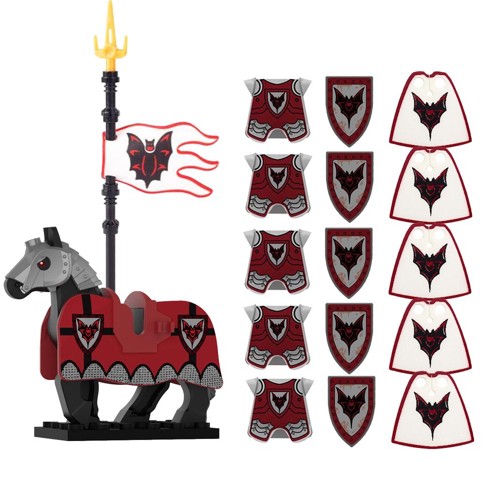 MOC Medieval Red Lion Black Eagle Castle Soldier Knight Horse Mount Building Block Military Figure Vest Armor Flag Toy Gift B036