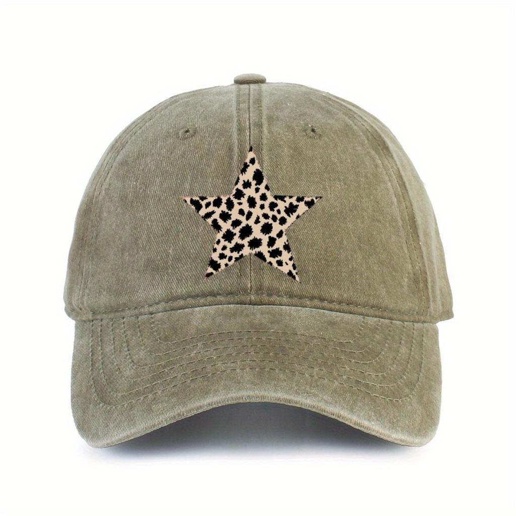 Leopard Star Print Washed Baseball Cap Distressed Denim Style Unisex Casual Outdoor Sports Hat