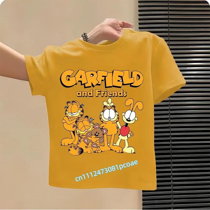 Garfield's new children's pure polyester short-sleeved boys' sports shirt, girls' casual top with cartoon print, summer T-shirt