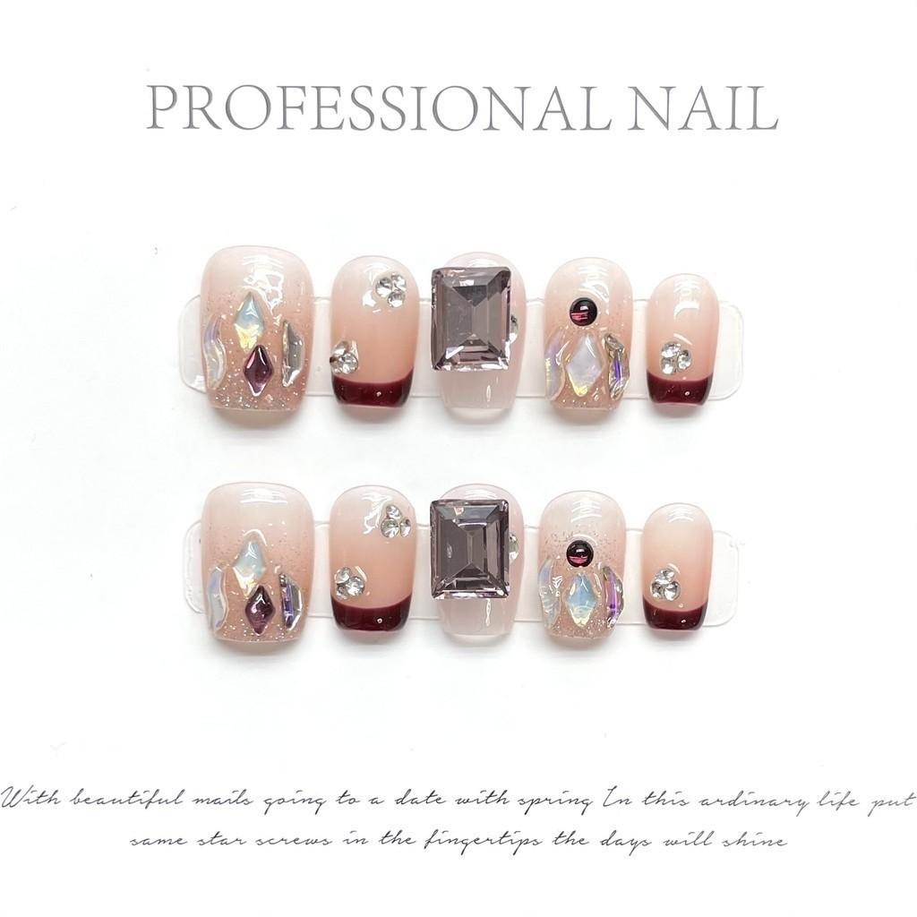 100% HANDMADE Press On Artificial Nail Ultrashort Coffin Shape Rhinestone French Nude Phototherapy Nails Fake Nails Reusable Nails with Toolkit