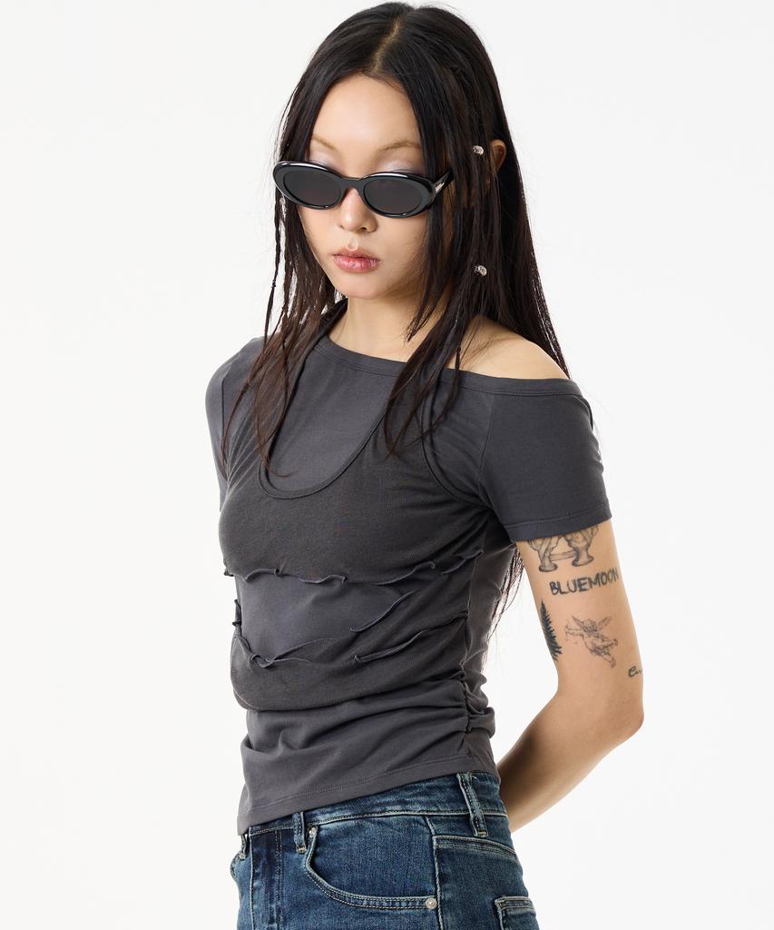 UNKNOWN PLANET Layered Deconstructed Slim T-Shirt Charcoal