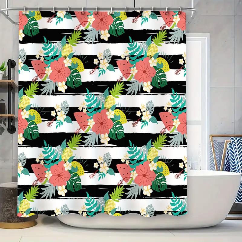

Vibrant Floral Shower Curtain Watermelon Pineapple Green Palm Leaf Black White Stripe Bathroom Decor Home Waterproof Fabric Show 90x180cm