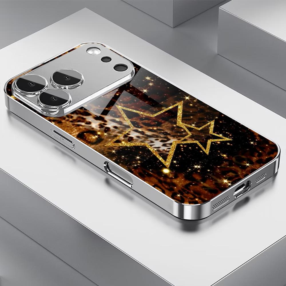 Leopard Pattern Stars Exquisite Luxurious Phone Case Electroplated Glass PhoneCase for iPhone 17 16 15 14 13 12 11pm Pro Plus