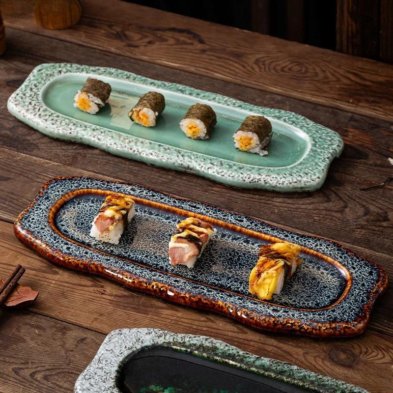 Retro Japanese-style Irregular Ceramic Long Plate Glazed Edge Sushi Snack Serving Platter Restaurant Household Ceramic Tableware