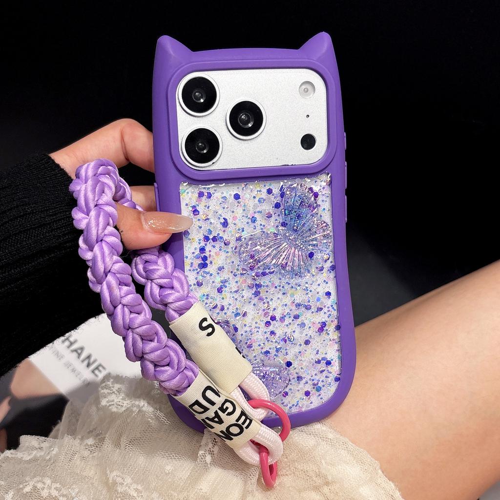 Cute Cat Ears Butterfly Transparent Lanyard Case for iPhone 17e 16 15 14 13 12 Pro Max 17 Air 11 Large Window Soft Edges Cover