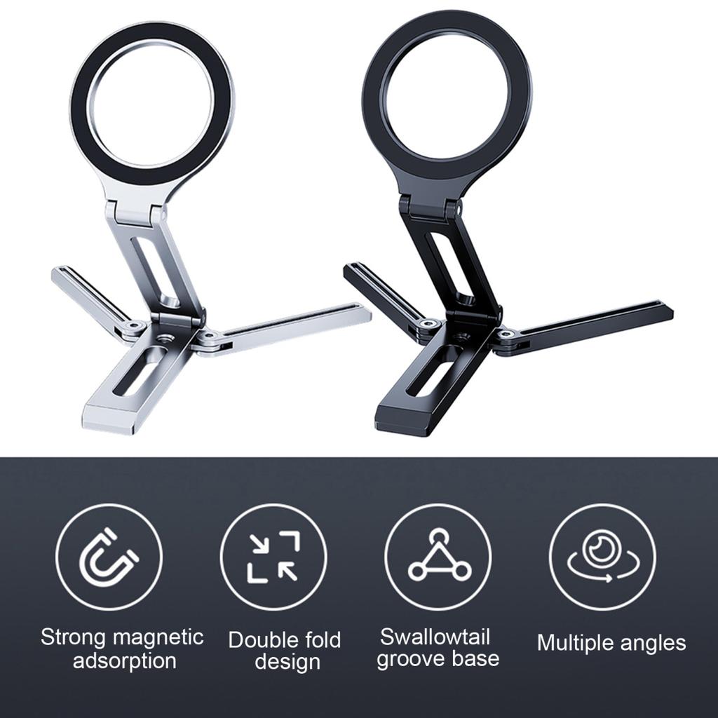 Magnetic Phone Stand Aluminum Alloy Desk Holder for Cell Phone Video Recording Travel Portable Foldable Tripod Adjustable Angle Phone Mount